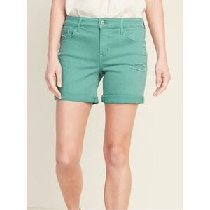 NWT OLD NAVY Mid-Rise Distressed Denim Teal Green Jean Shorts 5” inseam Cuffed